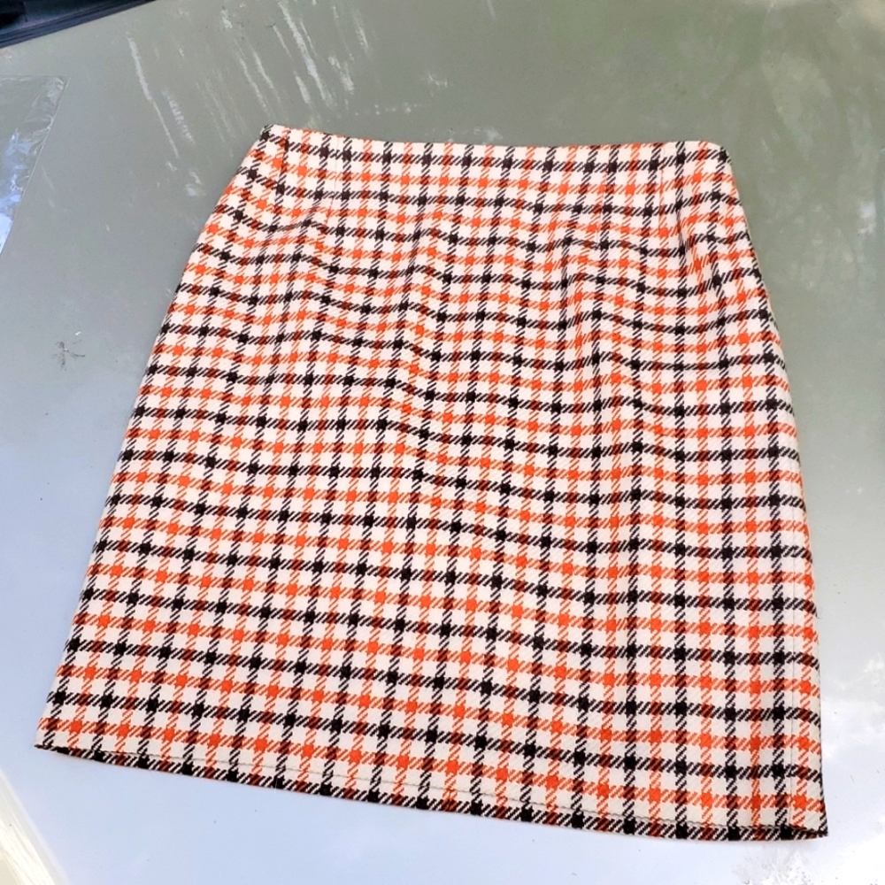 KITON Napoli Cashmere Skirt 46 IT Hounsdtooth Plaid Orange Brown Creme US 10 | L